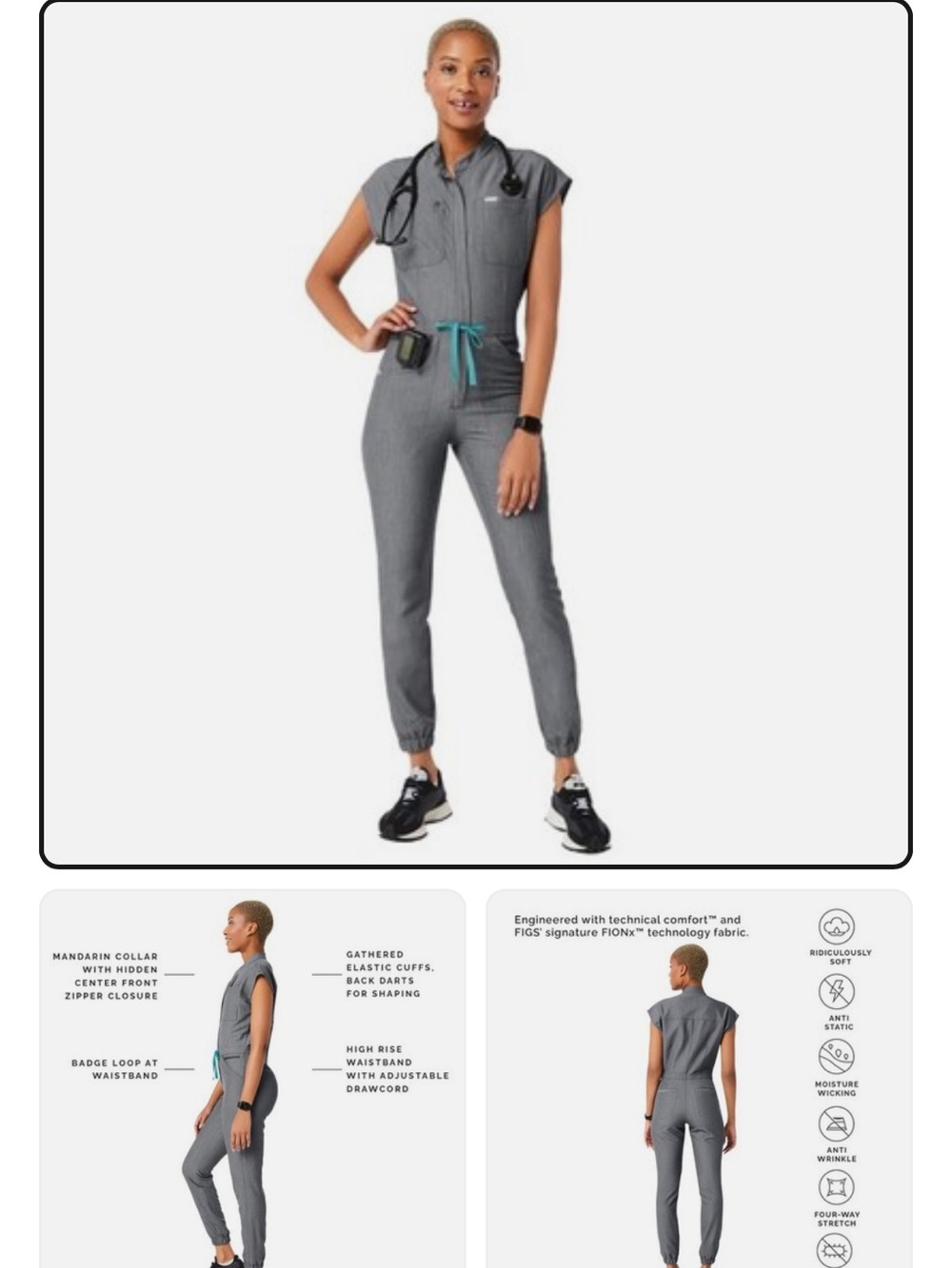 Figs Grey Women's Jumpsuit with Teal Drawcord
